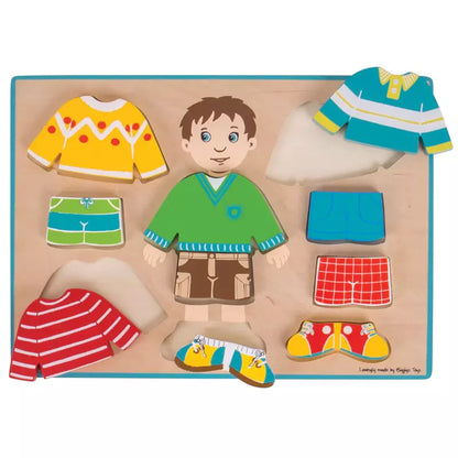 A Bigjigs Dressing Boy Puzzle play set with clothes and shoes.