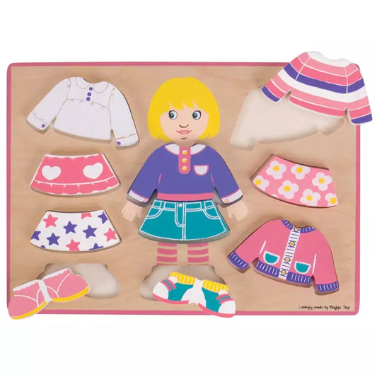 A Bigjigs Dressing Girl Puzzle, which is a wooden cutout of a girl's clothes and shoes, is a great toy for young children.