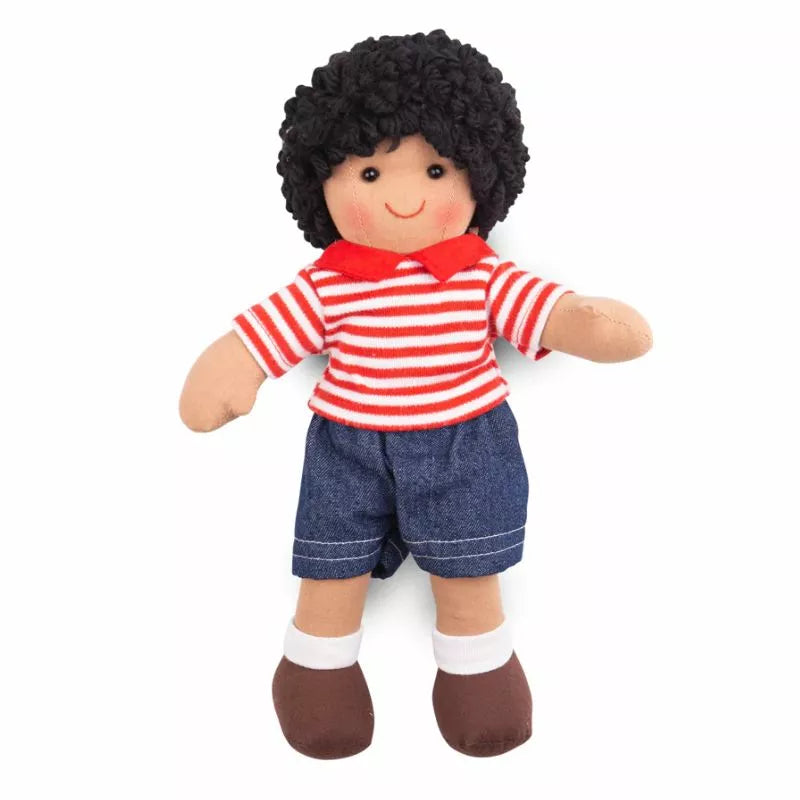 A Bigjigs Otis Small Doll with black hair wearing a red and white striped shirt.