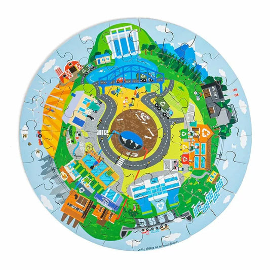 A picture of the Bigjigs Recycling Circular Floor Puzzle with a picture of a city.