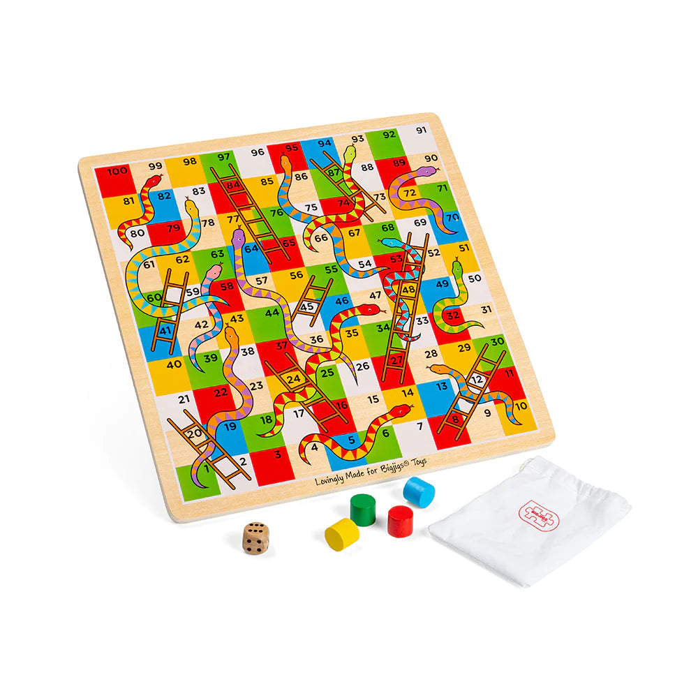 A Bigjigs Traditional Snakes & Ladders Game with dices and pieces.