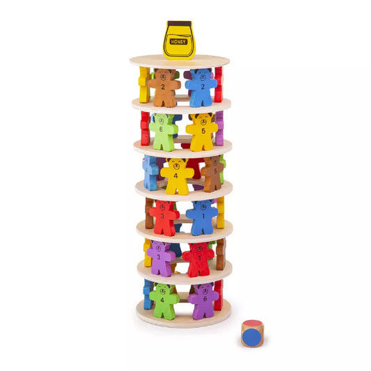 A Bigjigs Tumbling Teddies Balance Game with letters and numbers.