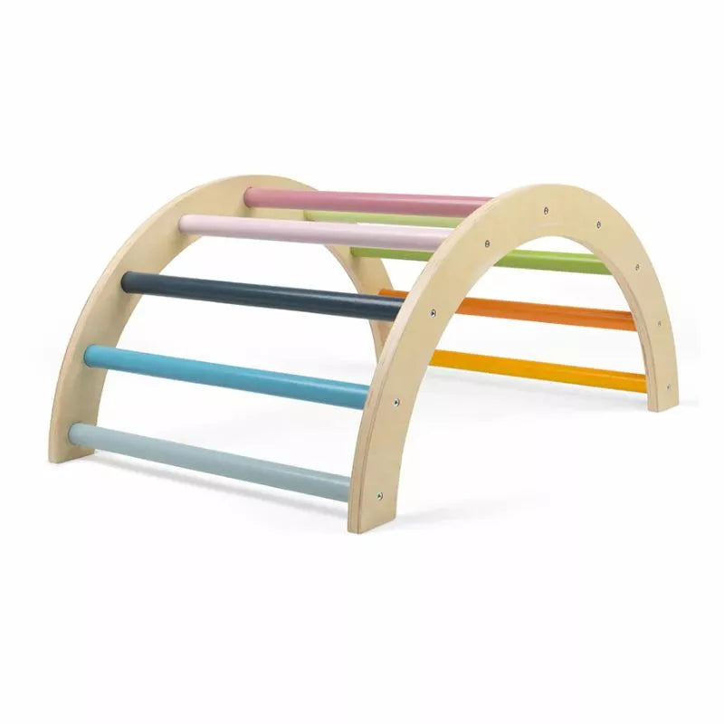 a Bigjigs Arched Climbing Frame with colorful wooden bars.