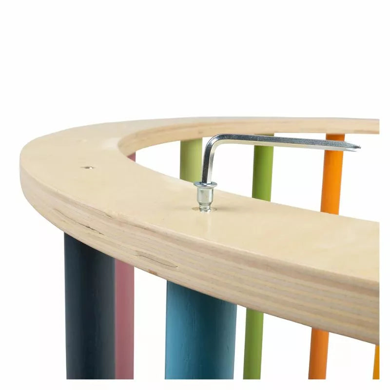 a colorful Bigjigs Arched Climbing Frame with a knob on the side.