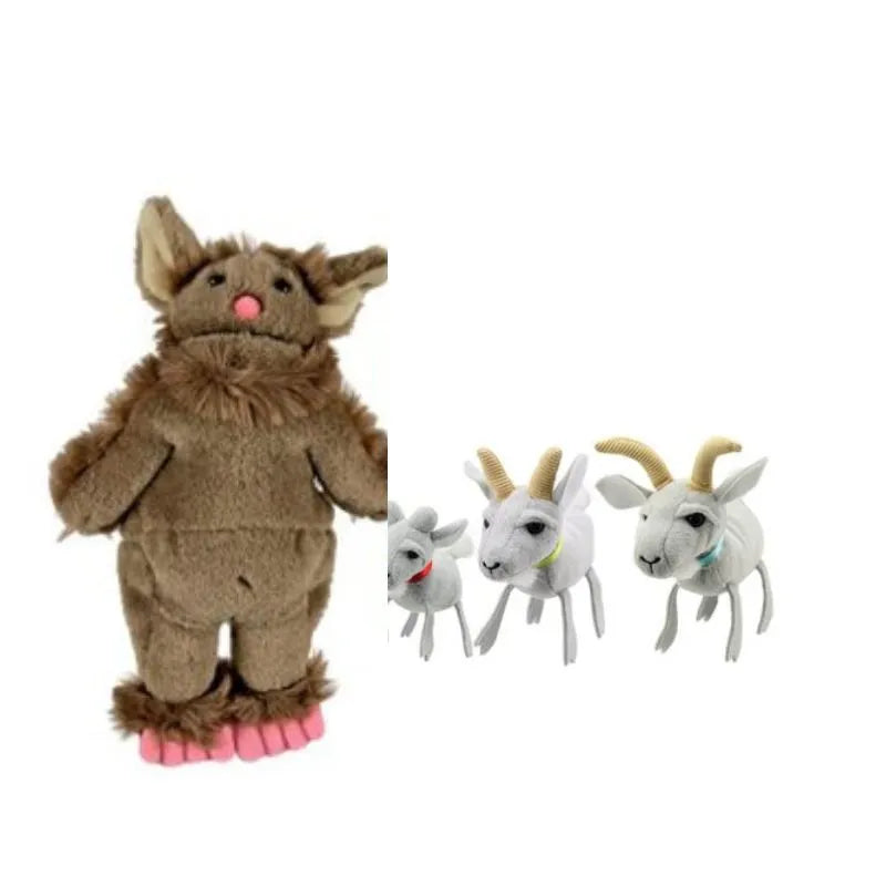 A plush toy resembling a furry brown creature with large ears and pink feet is shown on the left. Three plush white goats from The Puppet Company 3 Billy Goats Gruff Finger Puppets, with yellow horns and standing in various poses, are on the right, evoking a sense of traditional storytelling. The background is plain white.