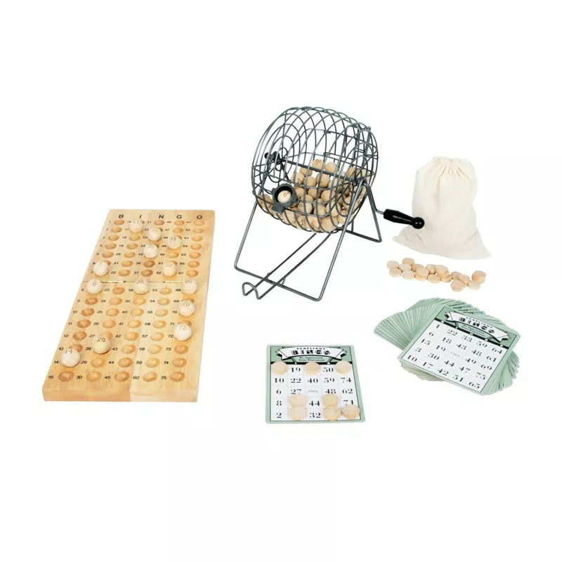 A Bingo Party Game set with a birdcage and several pieces.