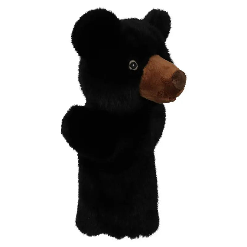 The ECO Puppet Buddies Black Bear Hand Puppet features soft, fluffy fur, a brown snout, and round black eyes. Displayed against a white background, this eco-friendly hand puppet is crafted from recycled materials—ideal for storytelling fun.
