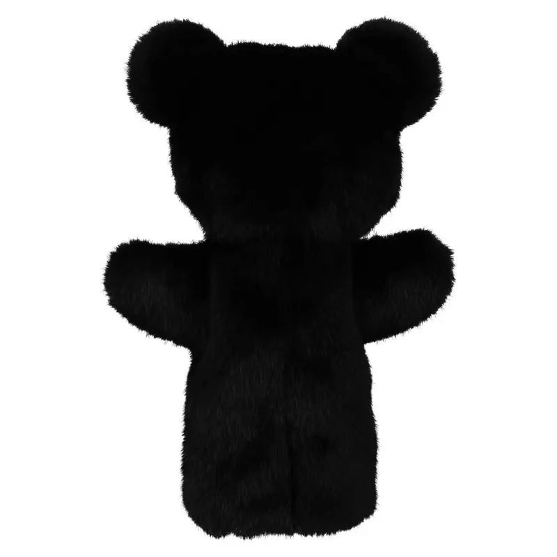 The ECO Puppet Buddies Black Bear Hand Puppet, crafted from recycled materials, is shown from the back—its plush black arms, head, round ears, and soft fuzzy body visible. Designed for storytelling sessions, this hand puppet displays no facial features or additional details in the view.