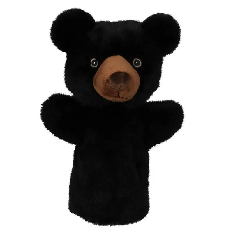Introducing the ECO Puppet Buddies Black Bear Hand Puppet: Featuring a plush, fuzzy texture with a brown snout and round ears, expressive button eyes, and crafted from recycled materials. This charming hand puppet is perfect for storytelling adventures and adds an eco-friendly touch to imaginative play.