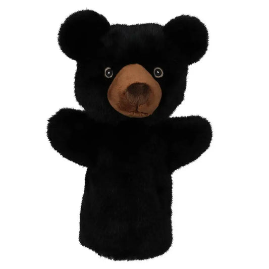 Introducing the ECO Puppet Buddies Black Bear Hand Puppet: Featuring a plush, fuzzy texture with a brown snout and round ears, expressive button eyes, and crafted from recycled materials. This charming hand puppet is perfect for storytelling adventures and adds an eco-friendly touch to imaginative play.