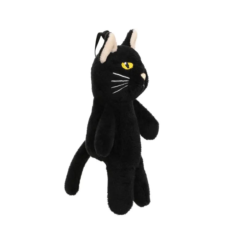 Introducing the Black Cat Finger Puppet Decoration—a plush toy featuring yellow eyes, white whiskers, and beige inner ears, standing upright against a white background. Perfect for imaginative play or as a charming addition to your Halloween decorations.