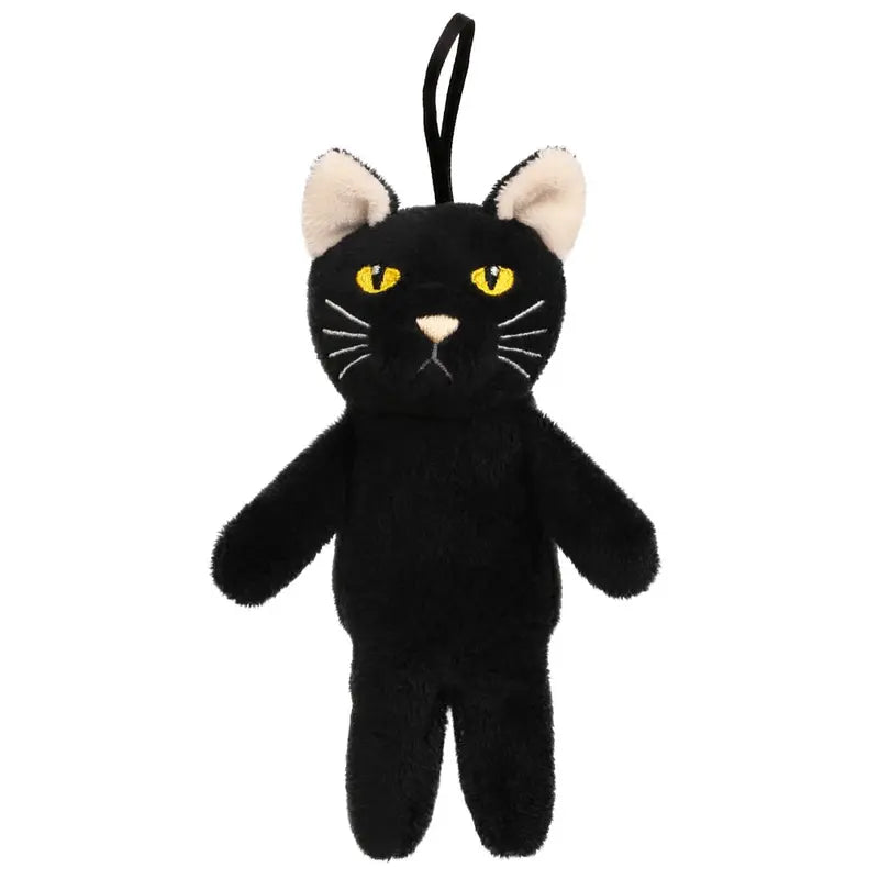 Introducing the Black Cat Finger Puppet Decoration: a black plush cat toy featuring yellow eyes, white whiskers, and cream-colored inner ears. Designed with a loop on top for easy hanging, it’s perfect for Halloween decorations or imaginative finger puppet play.