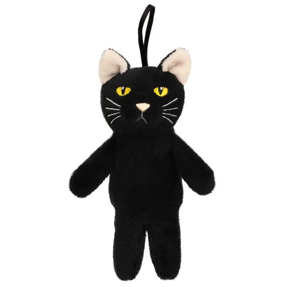 Introducing the Black Cat Finger Puppet Decoration: a black plush cat toy featuring yellow eyes, white whiskers, and cream-colored inner ears. Designed with a loop on top for easy hanging, it’s perfect for Halloween decorations or imaginative finger puppet play.