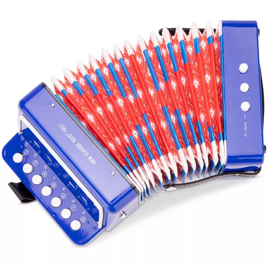 A close up of the New Classic Toys Blue Accordion with Music Book on a white background.