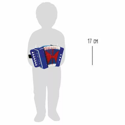 A child is standing next to a Accordion Blue.