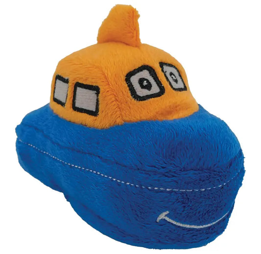 The Cute Commutes Boat Finger Puppet is a plush cartoon submarine toy with an orange top, two windows, and a smiley blue bottom—perfect for sea-themed play.