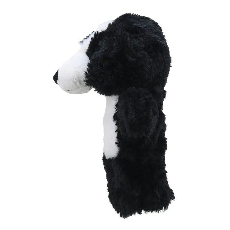 A profile view of the ECO Puppet Buddies Border Collie Hand Puppet, shown against a plain white background. The toy features distinctive fluffy fur and a realistic dog shape.