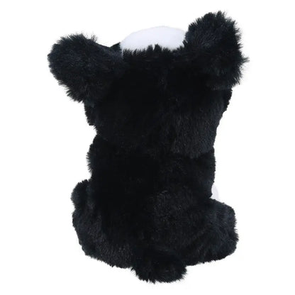 The Wilberry Eco Mini Border Collie is a fuzzy black and white stuffed animal with two upright ears and a round, fluffy body, made from eco-friendly recycled materials, seen from behind—resembling a mini Border Collie.