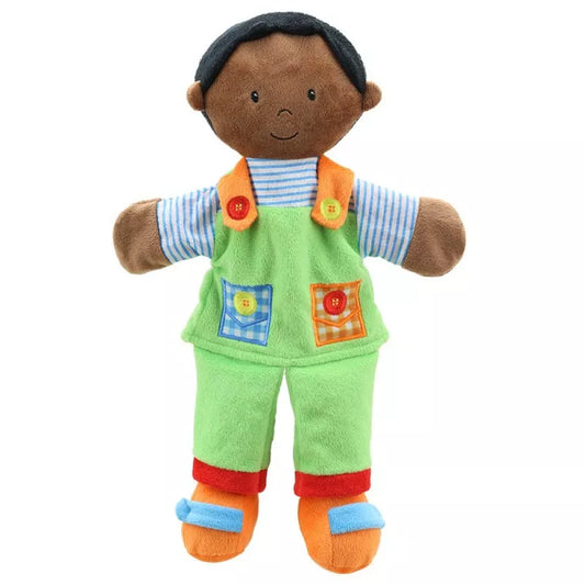 Hand Puppet of a Boy Green Outfit with colourful clothes and quality embroidered facial features.  Big enough to be used by children and adults.
