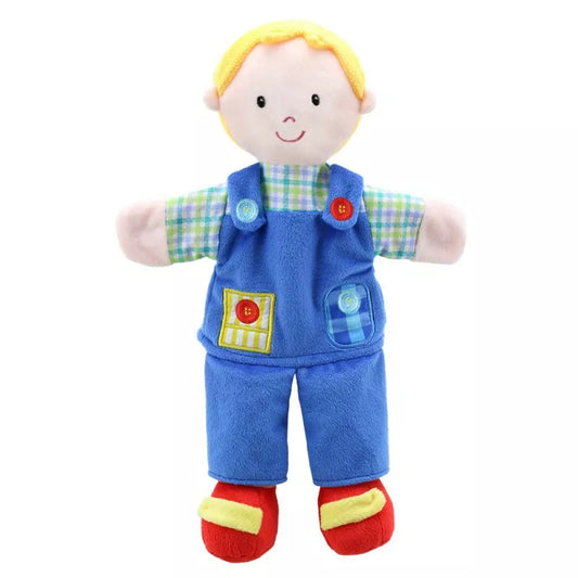 Hand Puppet of a Boy with colourful clothes and quality embroidered facial features.  Big enough to be used by children and adults.