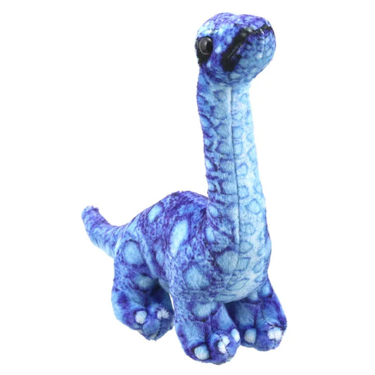 A blue plush dinosaur toy with a long neck and a small head. It has a textured blue and purple pattern resembling scales, and it stands on four legs with white claws. The Dinosaur Finger Puppet Brontosaurus has large, black eyes that add a cute and endearing appearance.