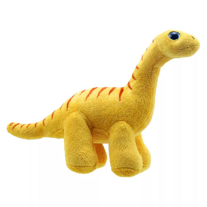 A yellow Wilberry Time for Stories - Brontosaurus stuffed toy, perfect for dinosaur lovers and storytime companions, resting on a white background.