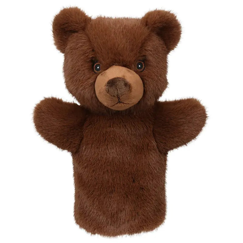 The ECO Puppet Buddies Brown Bear Hand Puppet features round ears, a tan snout, and black eyes. With plush, fuzzy texture and outstretched arms, it's ideal for imaginative play and storytelling.