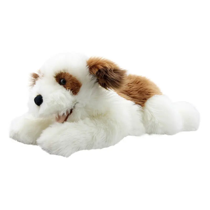 The Brown & White Hand Puppet - Playful Puppies features a soft dog design with white fur and brown patches on its ear and back, lying down with stretched front legs and a slightly open mouth for playful storytelling.