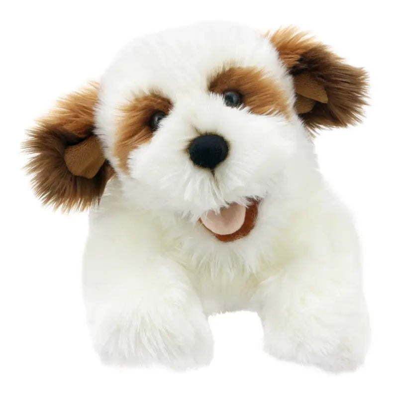 The Brown & White Hand Puppet - Playful Puppies features a cuddly toy dog with soft white fur, brown patches on its eyes and ears, and a wide open mouth for a playful, happy look.