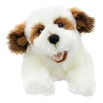 The Brown & White Hand Puppet - Playful Puppies features a cuddly toy dog with soft white fur, brown patches on its eyes and ears, and a wide open mouth for a playful, happy look.