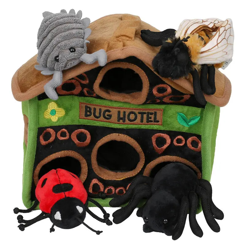 The Puppet Company Hide-Away Bug Hotel is a soft, colorful playset featuring four finger puppet bugs—a pill bug, bee, ladybug, and spider—tucked around a plush hotel structure for interactive eco-friendly fun.