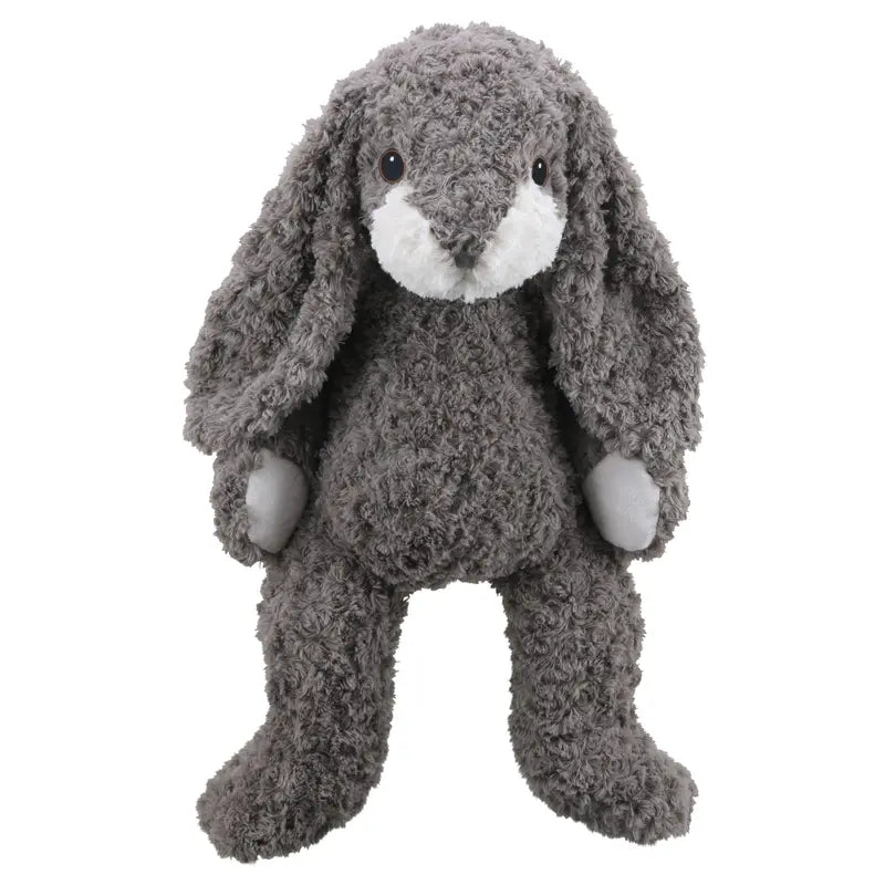 The Wilberry Classic Large Grey Bunny is an eco-friendly stuffed toy with long floppy ears, a white muzzle, and black button eyes, sitting upright against a plain white background.
