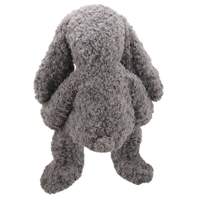The Wilberry Classic Large Grey Bunny is a large, eco-friendly stuffed animal with long floppy ears, grey fur, and stands upright on two legs.