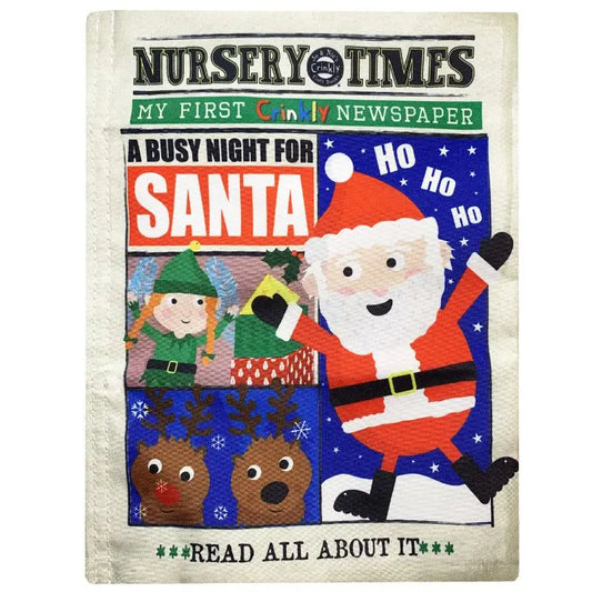 The colorful crinkly cloth book, "A Busy Night For Santa," features Santa, elves, reindeer, and snowy scenes. Engaging for babies, it offers sensory fun with festive illustrations for the holiday season.