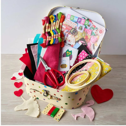 A suitcase filled with Buttonbag Bumper Sewing and Embroidery Bumper Kit, scissors, and embroidery materials.