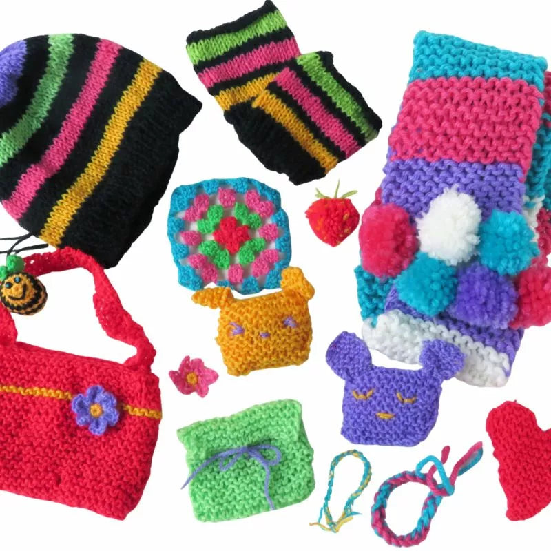 A group of Buttonbag Bumper Learn to Knit and Crochet items including hats, scarves, and mittens.