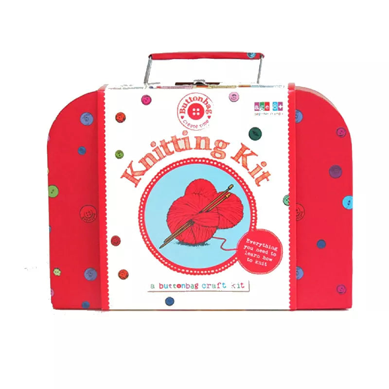 A red Buttonbag Learn to Knit Suitcase Kit.