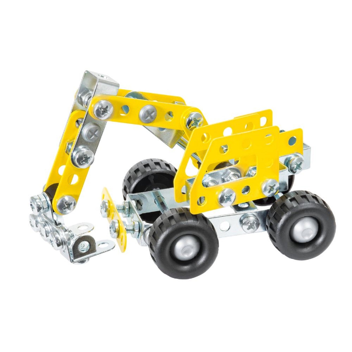 The Eitech Construction Mini Excavator is a small toy designed with metal pieces and nuts, closely resembling a digger with a yellow arm and black wheels. This model boasts a detailed, open structure where bolts and joints are visibly assembled, giving it an intricate mechanical appearance that will captivate anyone passionate about building things.