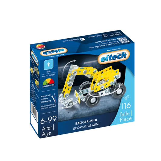 The Eitech Construction Mini Excavator comes in a blue and yellow box, containing 116 metal pieces suitable for ages 6-99. The front of the box displays a crafted model of the mini excavator along with various product details, making it ideal for your next construction project.