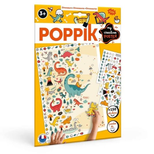 The Poppik Creative Sticker Poster (S) – Dinosaurs is a colorful kit for ages 3+, featuring a dinosaur illustration, over 150 reusable stickers of playful dinosaurs and trees, and yellow packaging to boost fine motor skills.