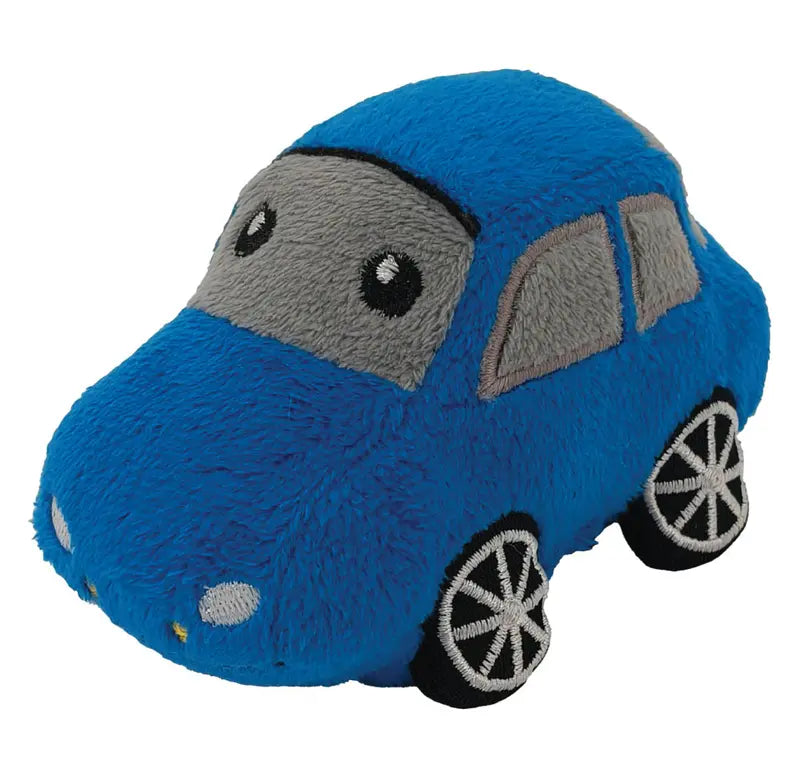 The Cute Commutes Car Finger Puppet is a blue plush car with stitched black and white wheels, grey windows, and big sewn-on eyes—ideal for travel storytelling adventures.
