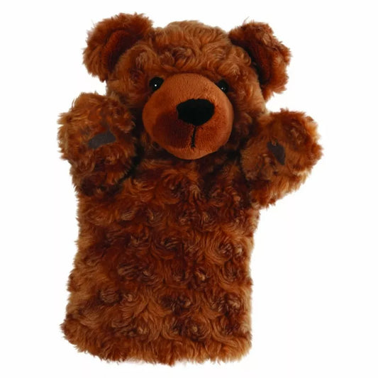 A super soft Hand Puppet called CarPets Bear. The arms and head can be moved. It is brown with black eyes.