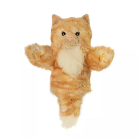 A super soft Hand Puppet called CarPets Ginger Cat Puppet. The arms and head can be moved. It is white and light brown with black eyes.