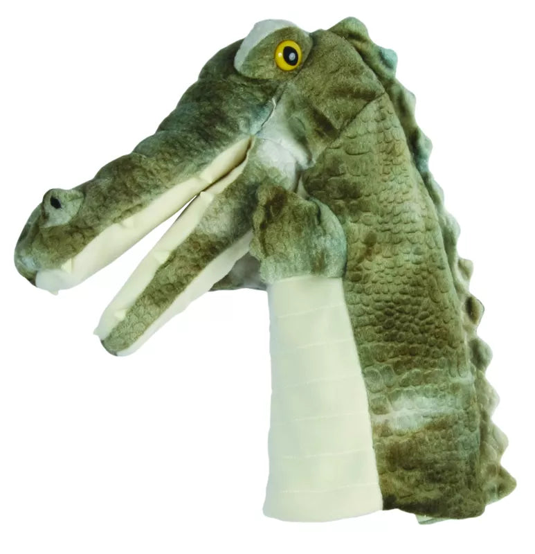 A super soft Hand Puppet called CarPets Crocodile. The arms and head can be moved. It is green with black eyes.