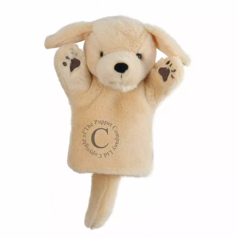 A super soft Hand Puppet called CarPets Labrador Puppet. The arms and head can be moved. It is light brown with black eyes.