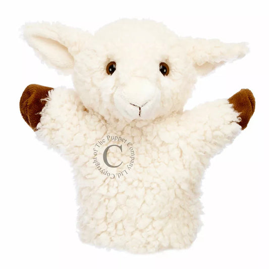 A super soft Hand Puppet called CarPets White Sheep. The arms and head can be moved. It is white with black eyes.