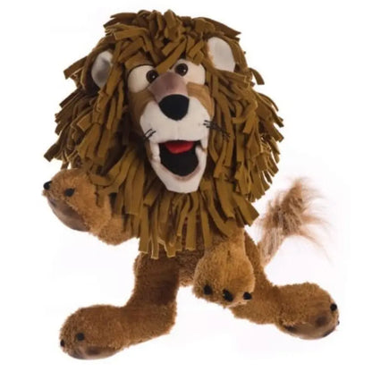 Carl the Lion Hand Puppet - 45cm features a shaggy brown mane, big eyes, an open smiling mouth, and a raised front paw, standing on all fours against a white background.