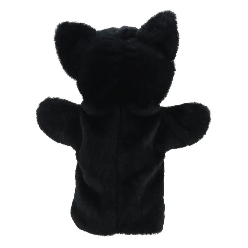 A plush ECO Puppet Buddies Black & White Cat hand puppet with perked-up ears and outstretched arms, isolated on a white background.