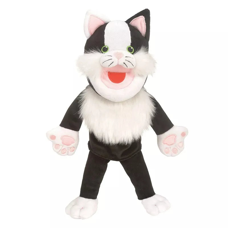 a Fiesta Crafts Cat Hand Puppet with black and white fur and green eyes.