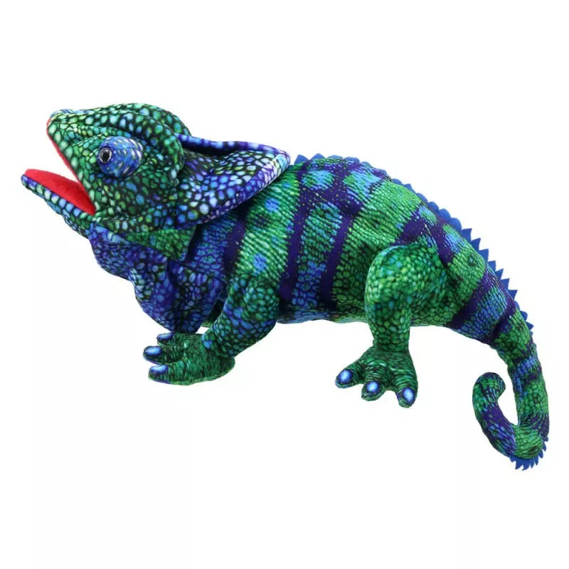 A Large Hand Puppet in the shape of a Chameleon .Its body and head are green, blue and white. It is 45cm long and is mouth moving.
